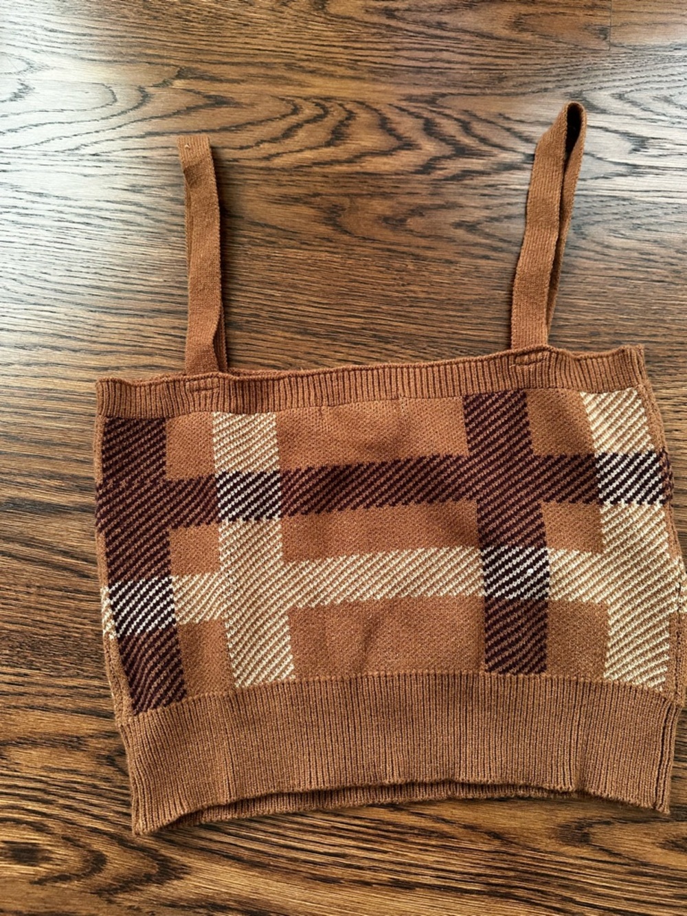 Y2K Witty Fox Brown Plaid Knit Cropped Cami Top